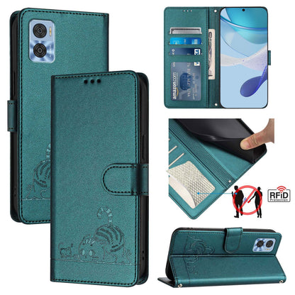 Motorola Moto E22 4G Cat and Mouse Embossed PU Leather RFID Case with Wallet Slots, Anti-Fall Protection, Kickstand, and Lanyard-buycases.co.uk
