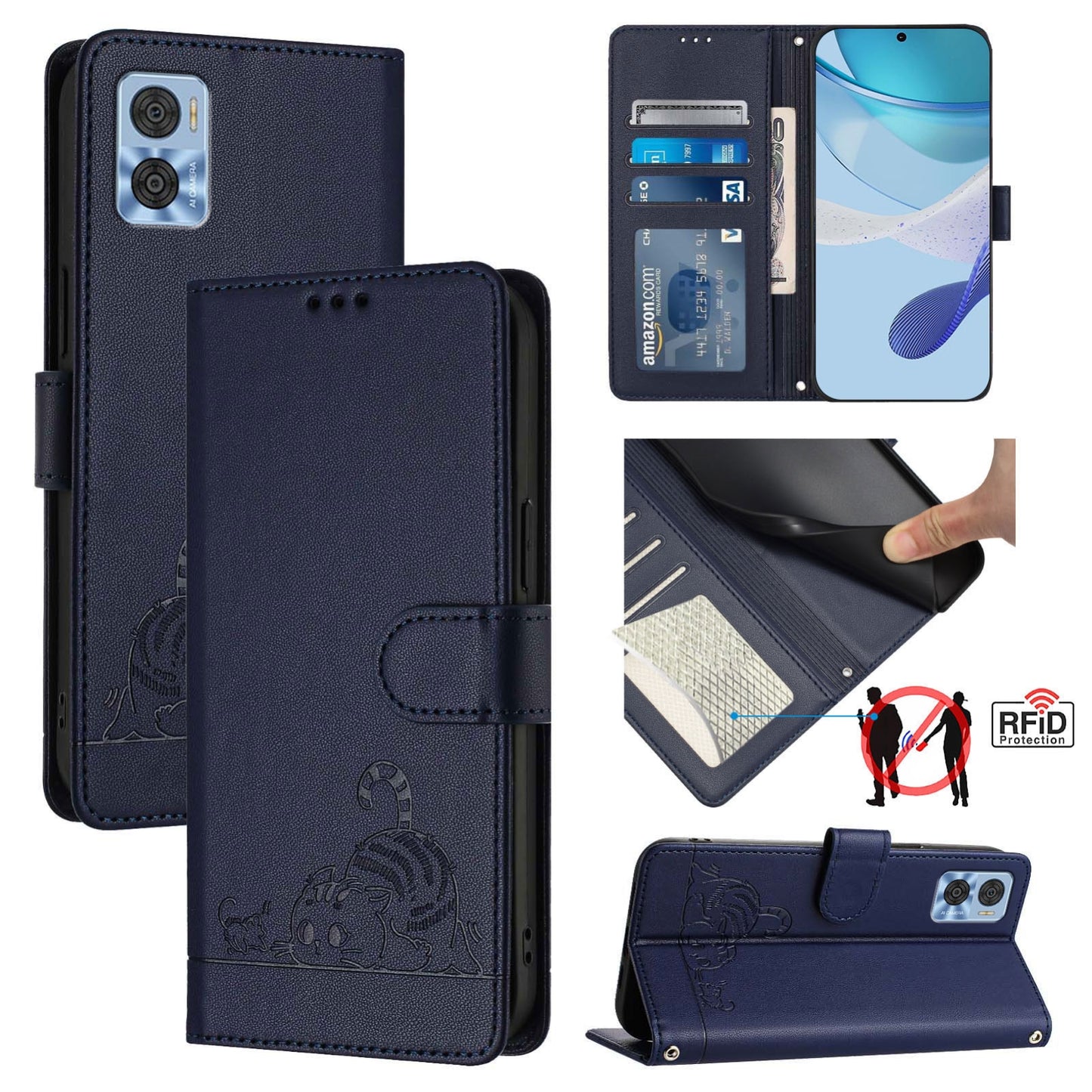 Motorola Moto E22 4G Cat and Mouse Embossed PU Leather RFID Case with Wallet Slots, Anti-Fall Protection, Kickstand, and Lanyard-buycases.co.uk