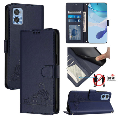Motorola Moto E22 4G Cat and Mouse Embossed PU Leather RFID Case with Wallet Slots, Anti-Fall Protection, Kickstand, and Lanyard-buycases.co.uk