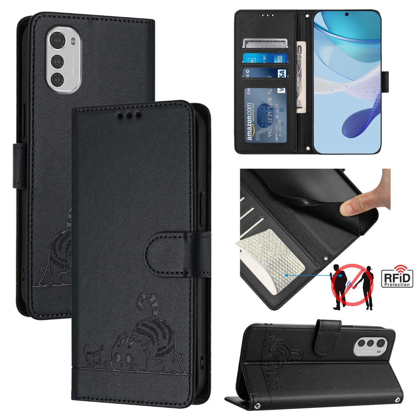 Motorola Moto E32 4G Global Cat and Mouse Embossed PU Leather RFID Case with Wallet Slots, Anti-Fall Protection, Kickstand, and Lanyard-buycases.co.uk