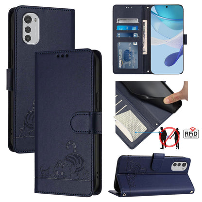 Motorola Moto E32 4G Global Cat and Mouse Embossed PU Leather RFID Case with Wallet Slots, Anti-Fall Protection, Kickstand, and Lanyard-buycases.co.uk