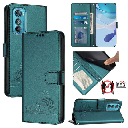 Motorola Edge 30 Cat and Mouse Embossed PU Leather RFID Case with Wallet Slots, Anti-Fall Protection, Kickstand, and Lanyard-buycases.co.uk