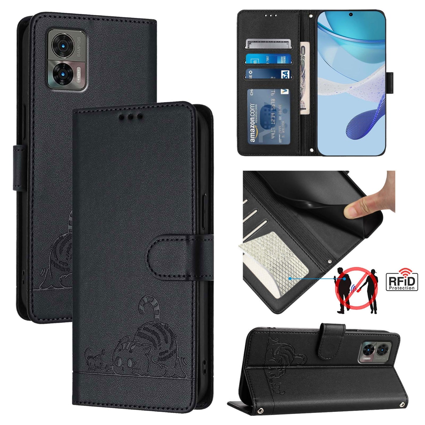 Motorola Edge 30 Neo Cat and Mouse Embossed PU Leather RFID Case with Wallet Slots, Anti-Fall Protection, Kickstand, and Lanyard-buycases.co.uk