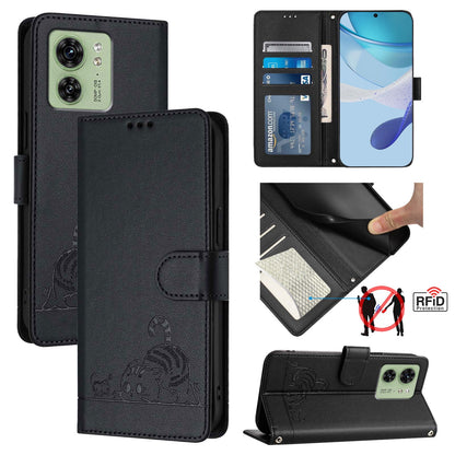 Motorola Edge 40 5G Global Cat and Mouse Embossed PU Leather RFID Case with Wallet Slots, Anti-Fall Protection, Kickstand, and Lanyard-buycases.co.uk