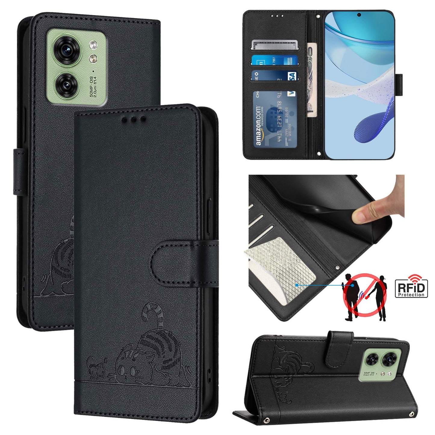 Motorola Edge 2023 North US Version Cat and Mouse Embossed PU Leather RFID Case with Wallet Slots, Anti-Fall Protection, Kickstand, and Lanyard-buycases.co.uk