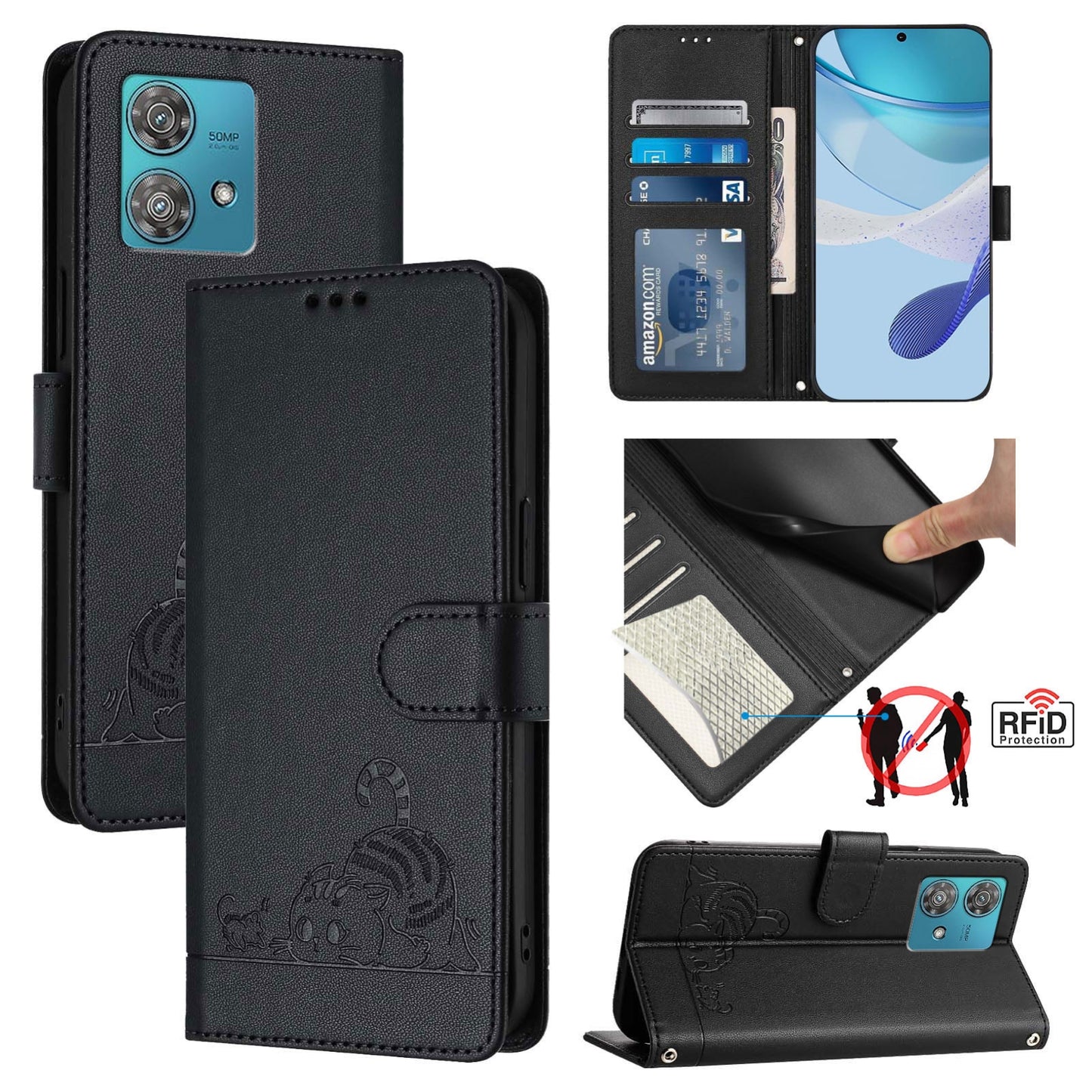 Motorola Edge 40 Neo 5G Cat and Mouse Embossed PU Leather RFID Case with Wallet Slots, Anti-Fall Protection, Kickstand, and Lanyard-buycases.co.uk