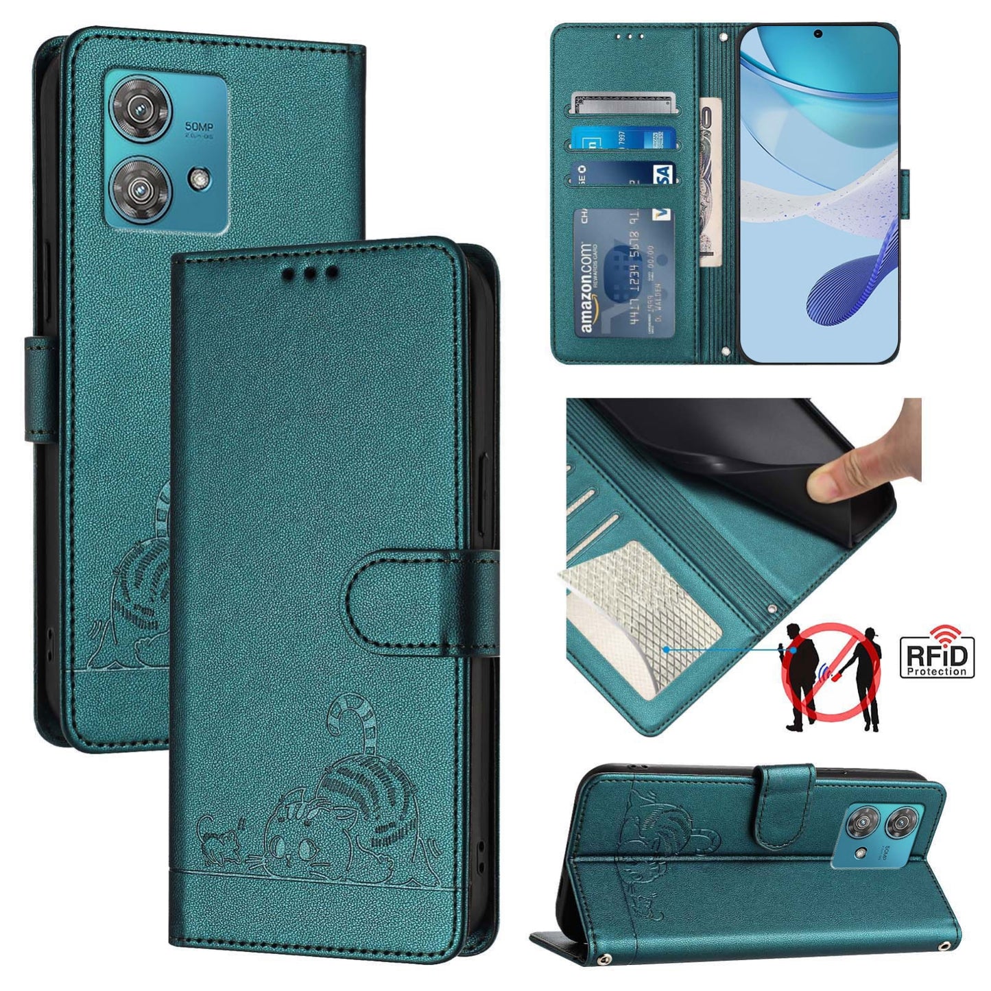 Motorola Edge 40 Neo 5G Cat and Mouse Embossed PU Leather RFID Case with Wallet Slots, Anti-Fall Protection, Kickstand, and Lanyard-buycases.co.uk