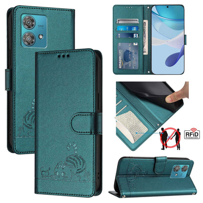 Motorola Edge 40 Neo 5G Cat and Mouse Embossed PU Leather RFID Case with Wallet Slots, Anti-Fall Protection, Kickstand, and Lanyard-buycases.co.uk