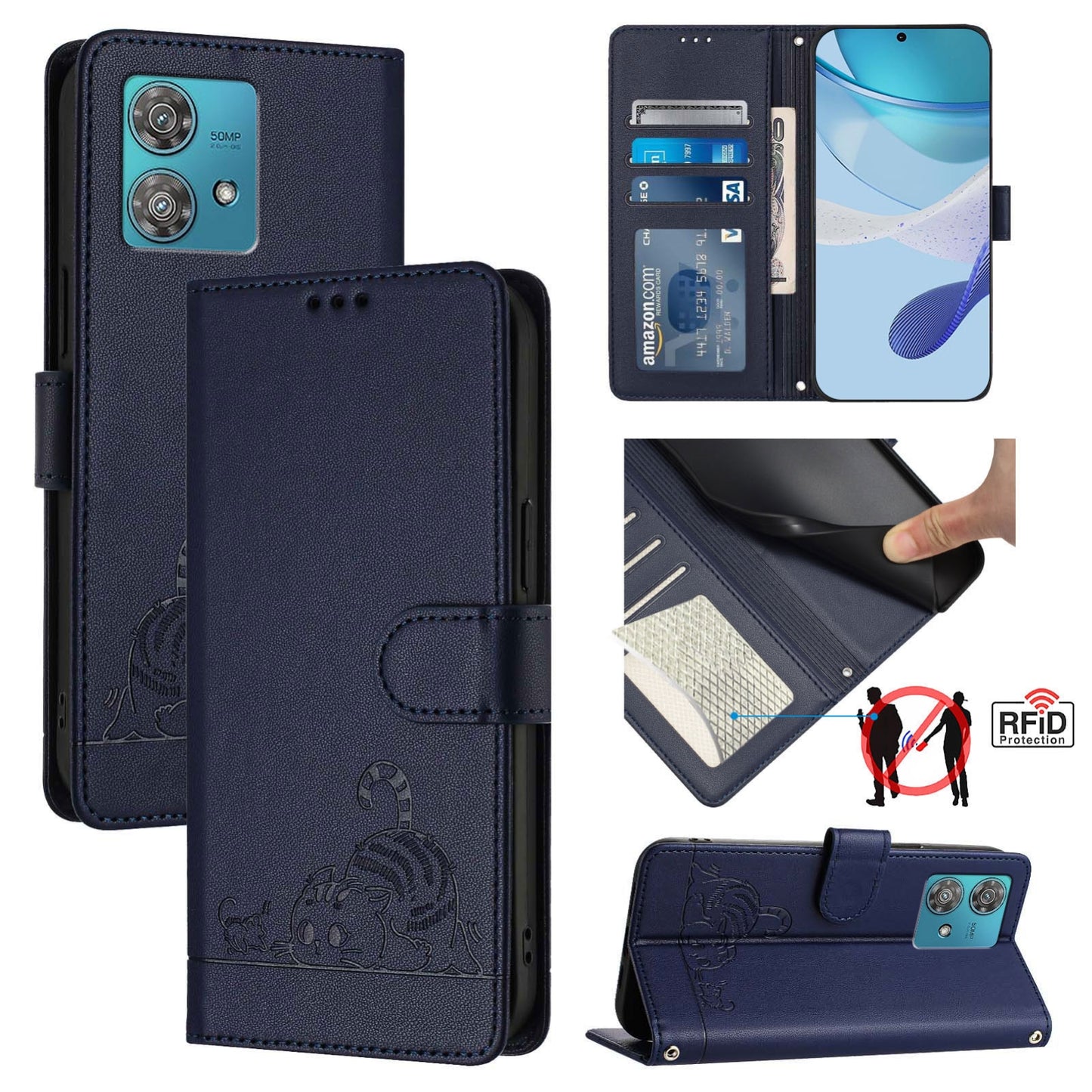 Motorola Edge 40 Neo 5G Cat and Mouse Embossed PU Leather RFID Case with Wallet Slots, Anti-Fall Protection, Kickstand, and Lanyard-buycases.co.uk