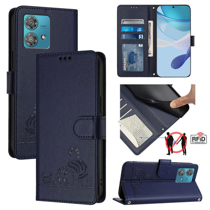 Motorola Edge 40 Neo 5G Cat and Mouse Embossed PU Leather RFID Case with Wallet Slots, Anti-Fall Protection, Kickstand, and Lanyard-buycases.co.uk