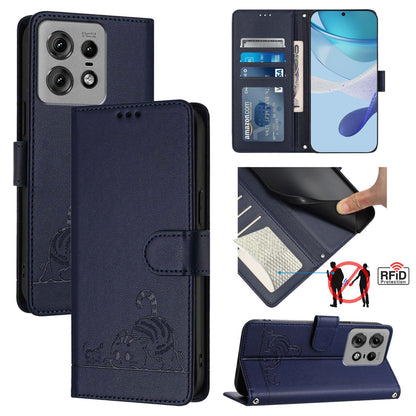 Motorola Edge 50 Pro Cat and Mouse Embossed PU Leather RFID Case with Wallet Slots, Anti-Fall Protection, Kickstand, and Lanyard-buycases.co.uk
