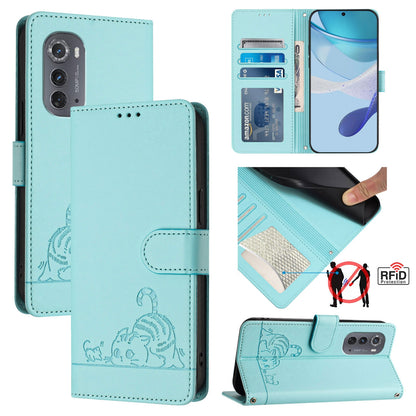 Motorola Edge 2022 Cat and Mouse Embossed PU Leather RFID Case with Wallet Slots, Anti-Fall Protection, Kickstand, and Lanyard-buycases.co.uk