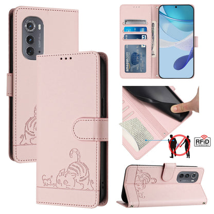 Motorola Edge 2022 Cat and Mouse Embossed PU Leather RFID Case with Wallet Slots, Anti-Fall Protection, Kickstand, and Lanyard-buycases.co.uk