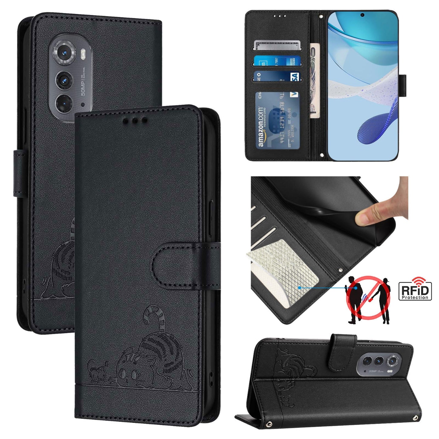 Motorola Edge 2022 Cat and Mouse Embossed PU Leather RFID Case with Wallet Slots, Anti-Fall Protection, Kickstand, and Lanyard-buycases.co.uk