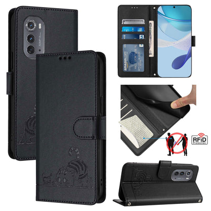 Motorola Edge 2022 Cat and Mouse Embossed PU Leather RFID Case with Wallet Slots, Anti-Fall Protection, Kickstand, and Lanyard-buycases.co.uk