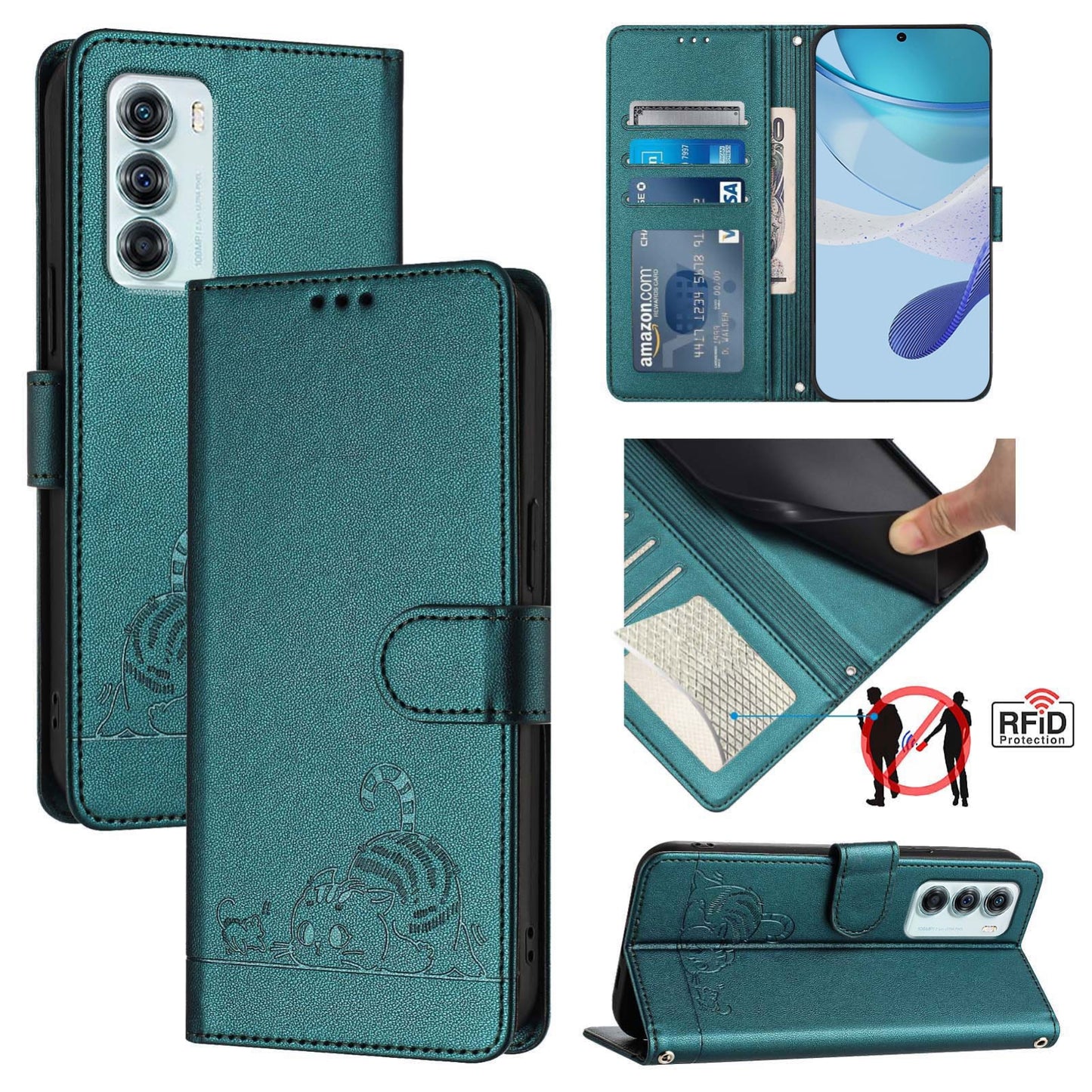 Motorola Moto G200 5G Cat and Mouse Embossed PU Leather RFID Case with Wallet Slots, Anti-Fall Protection, Kickstand, and Lanyard-buycases.co.uk