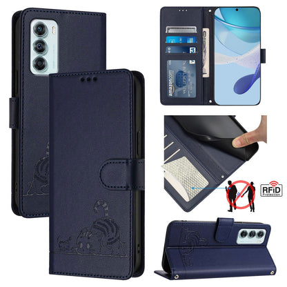 Motorola Moto G200 5G Cat and Mouse Embossed PU Leather RFID Case with Wallet Slots, Anti-Fall Protection, Kickstand, and Lanyard-buycases.co.uk