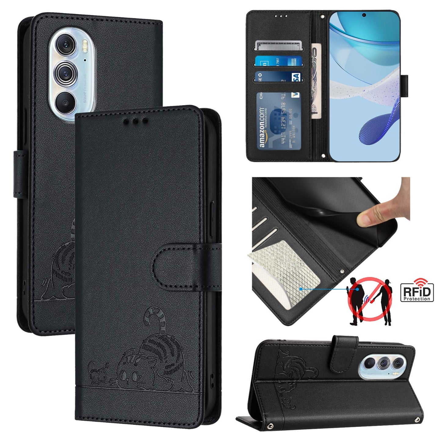 Motorola Edge 30 Pro Cat and Mouse Embossed PU Leather RFID Case with Wallet Slots, Anti-Fall Protection, Kickstand, and Lanyard-buycases.co.uk