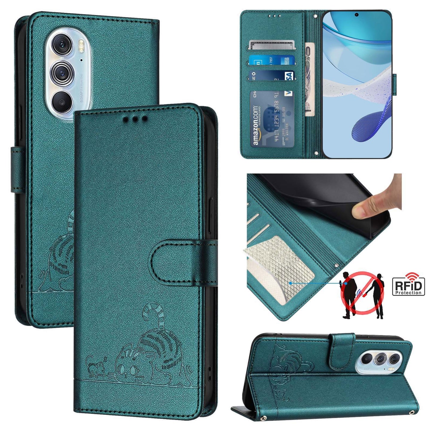 Motorola Edge 30 Pro Cat and Mouse Embossed PU Leather RFID Case with Wallet Slots, Anti-Fall Protection, Kickstand, and Lanyard-buycases.co.uk