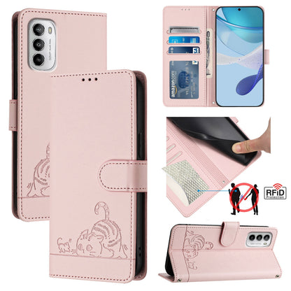 Motorola Moto G 5G 2022 Cat and Mouse Embossed PU Leather RFID Case with Wallet Slots, Anti-Fall Protection, Kickstand, and Lanyard-buycases.co.uk