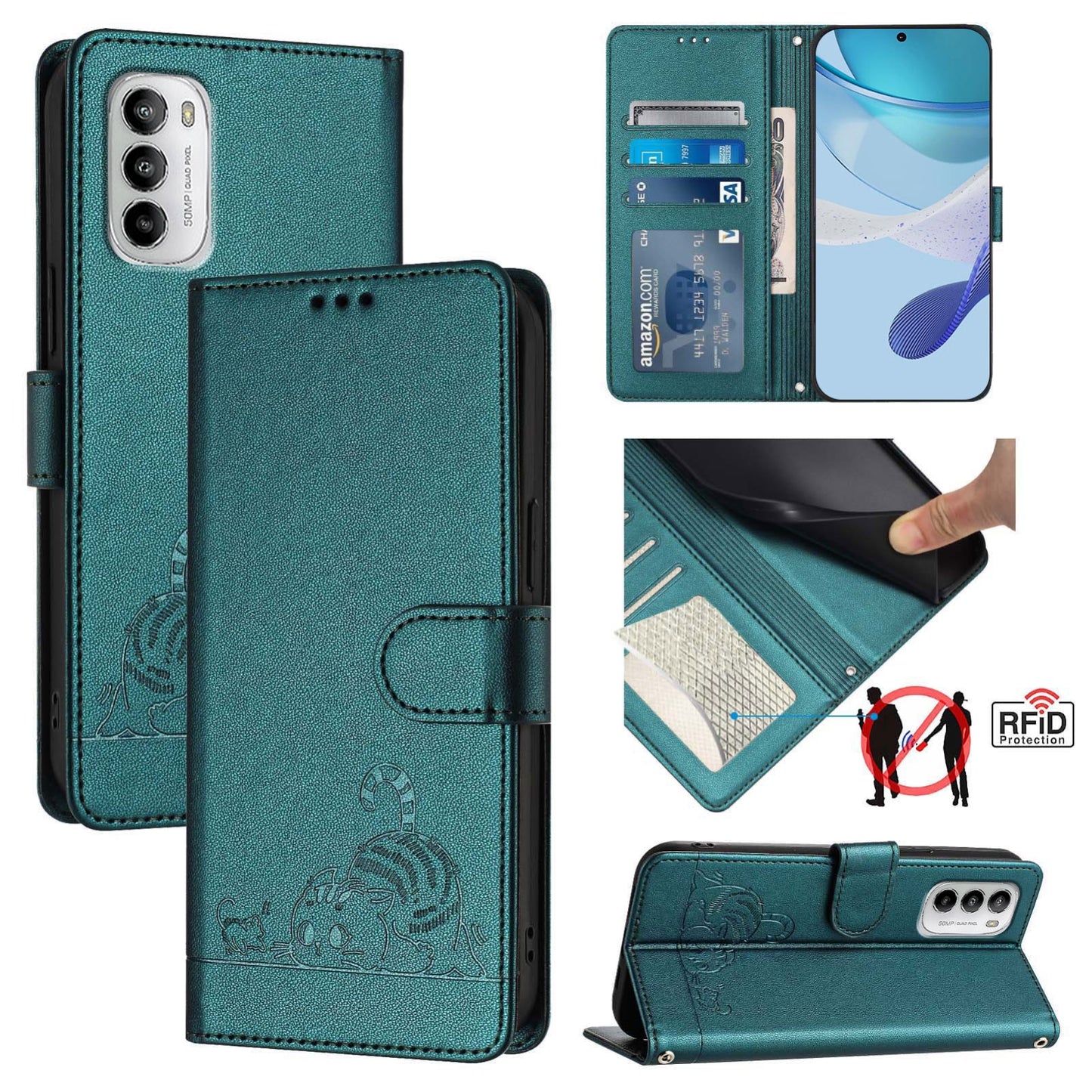Motorola Moto G 5G 2022 Cat and Mouse Embossed PU Leather RFID Case with Wallet Slots, Anti-Fall Protection, Kickstand, and Lanyard-buycases.co.uk