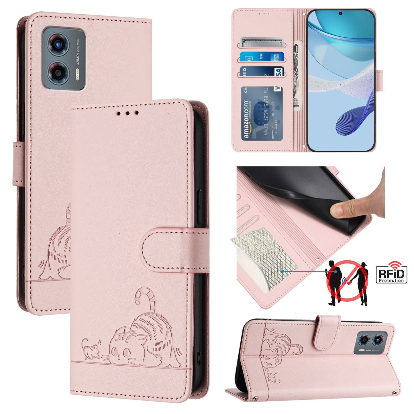 Motorola Moto G 5G 2023 Cat and Mouse Embossed PU Leather RFID Case with Wallet Slots, Anti-Fall Protection, Kickstand, and Lanyard-buycases.co.uk