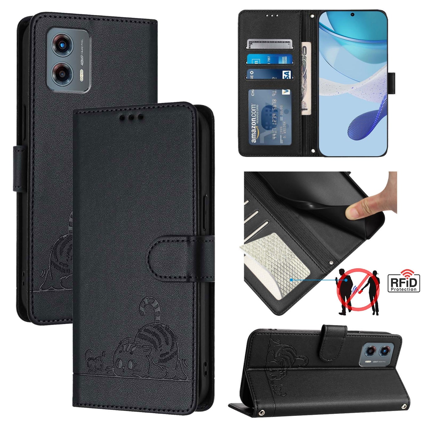 Motorola Moto G 5G 2023 Cat and Mouse Embossed PU Leather RFID Case with Wallet Slots, Anti-Fall Protection, Kickstand, and Lanyard-buycases.co.uk
