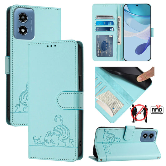 Motorola Moto G Play 5G 2024 Global Cat and Mouse Embossed PU Leather RFID Case with Wallet Slots, Anti-Fall Protection, Kickstand, and Lanyard-buycases.co.uk