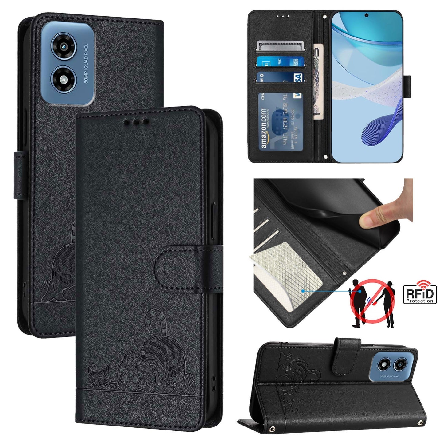 Motorola Moto G 5G 2024 Global Cat and Mouse Embossed PU Leather RFID Case with Wallet Slots, Anti-Fall Protection, Kickstand, and Lanyard-buycases.co.uk