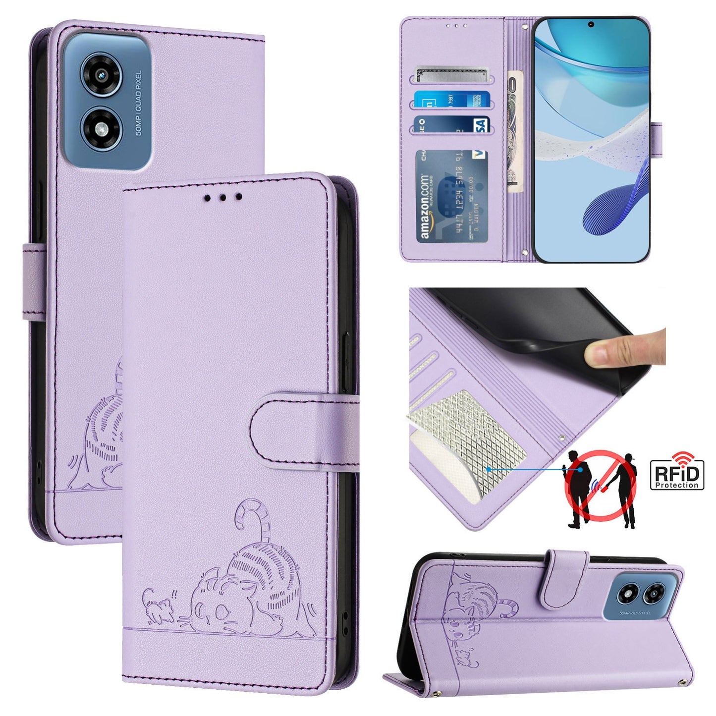Motorola Moto G 5G 2024 Global Cat and Mouse Embossed PU Leather RFID Case with Wallet Slots, Anti-Fall Protection, Kickstand, and Lanyard-buycases.co.uk