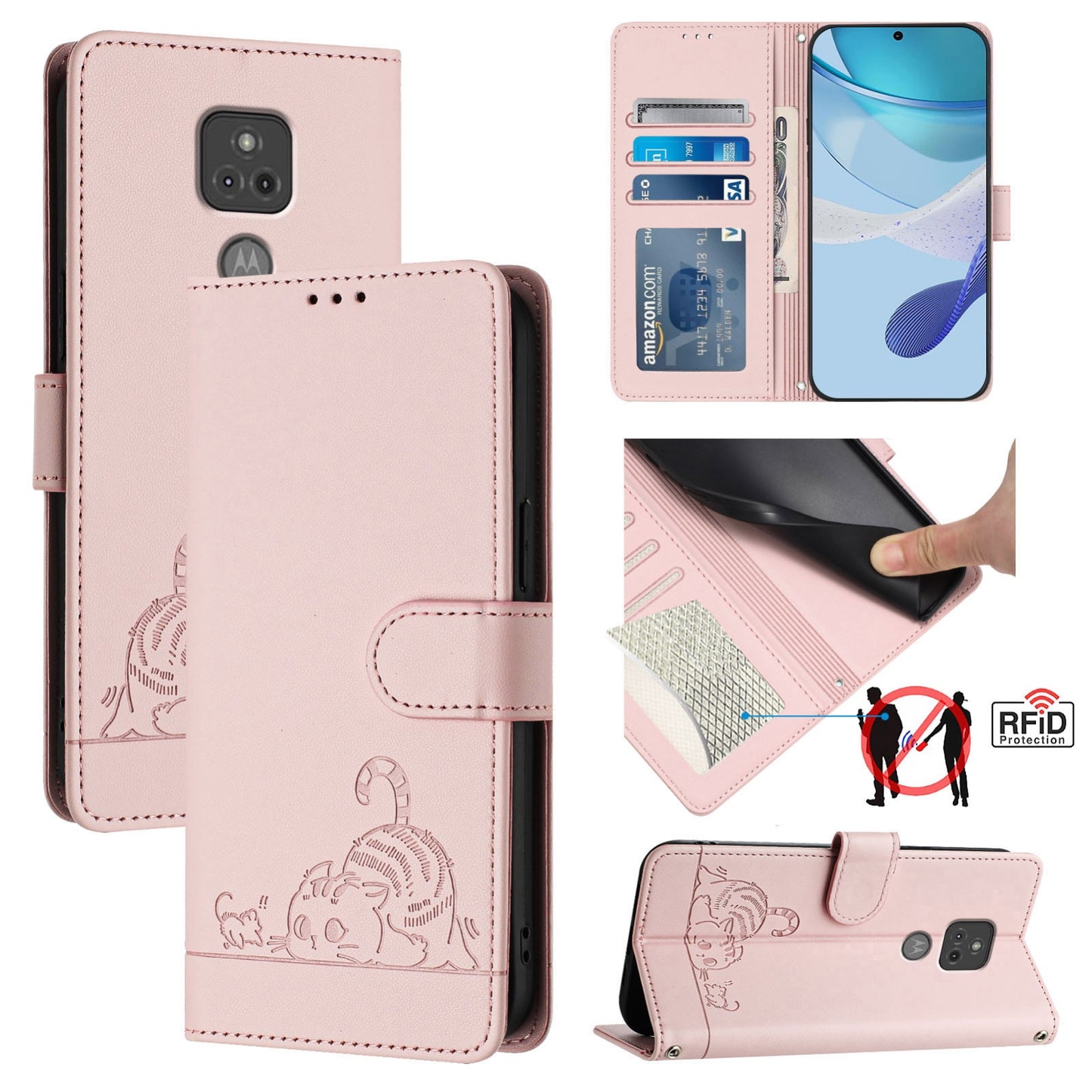 Motorola Moto G Play 2021 Cat and Mouse Embossed PU Leather RFID Case with Wallet Slots, Anti-Fall Protection, Kickstand, and Lanyard-buycases.co.uk