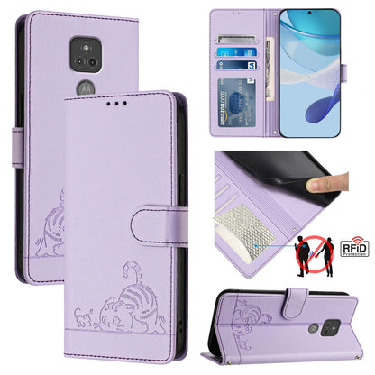 Motorola Moto G Play 2021 Cat and Mouse Embossed PU Leather RFID Case with Wallet Slots, Anti-Fall Protection, Kickstand, and Lanyard-buycases.co.uk