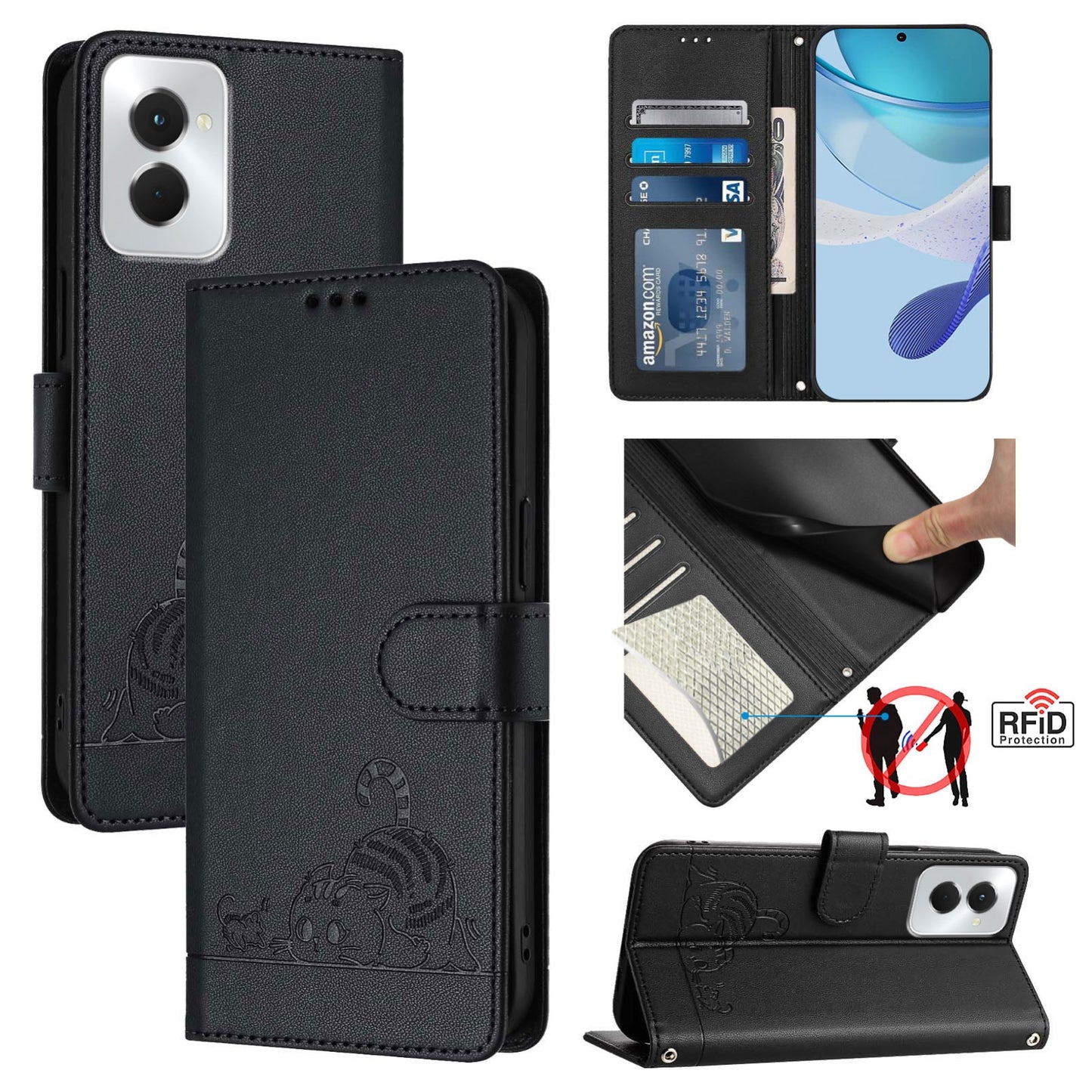Motorola Moto G Power 5G 2024 Cat and Mouse Embossed PU Leather RFID Case with Wallet Slots, Anti-Fall Protection, Kickstand, and Lanyard-buycases.co.uk