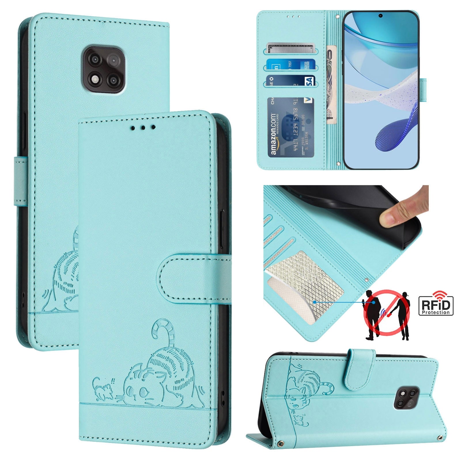 Motorola Moto G Power 2021 Cat and Mouse Embossed PU Leather RFID Case with Wallet Slots, Anti-Fall Protection, Kickstand, and Lanyard-buycases.co.uk