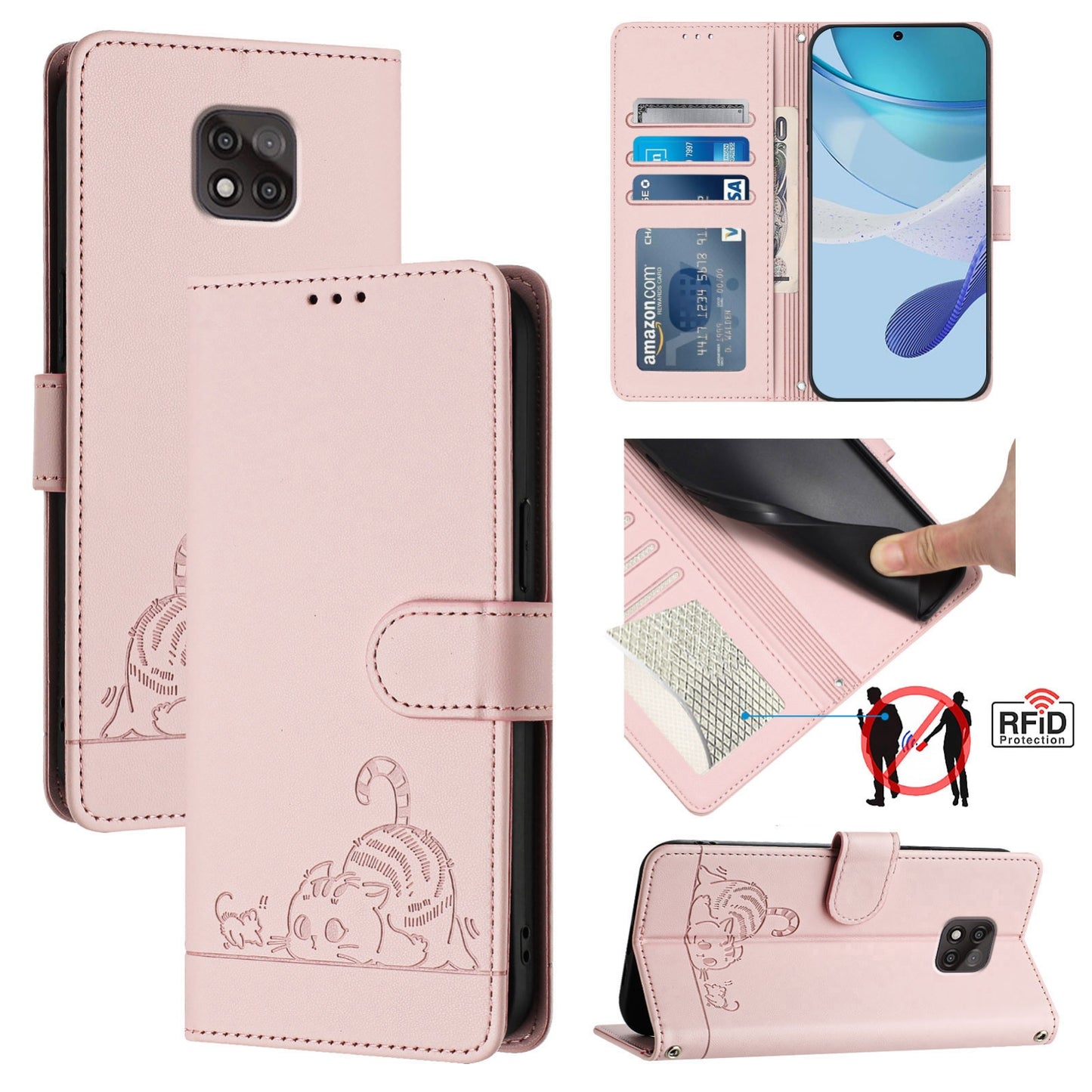 Motorola Moto G Power 2021 Cat and Mouse Embossed PU Leather RFID Case with Wallet Slots, Anti-Fall Protection, Kickstand, and Lanyard-buycases.co.uk