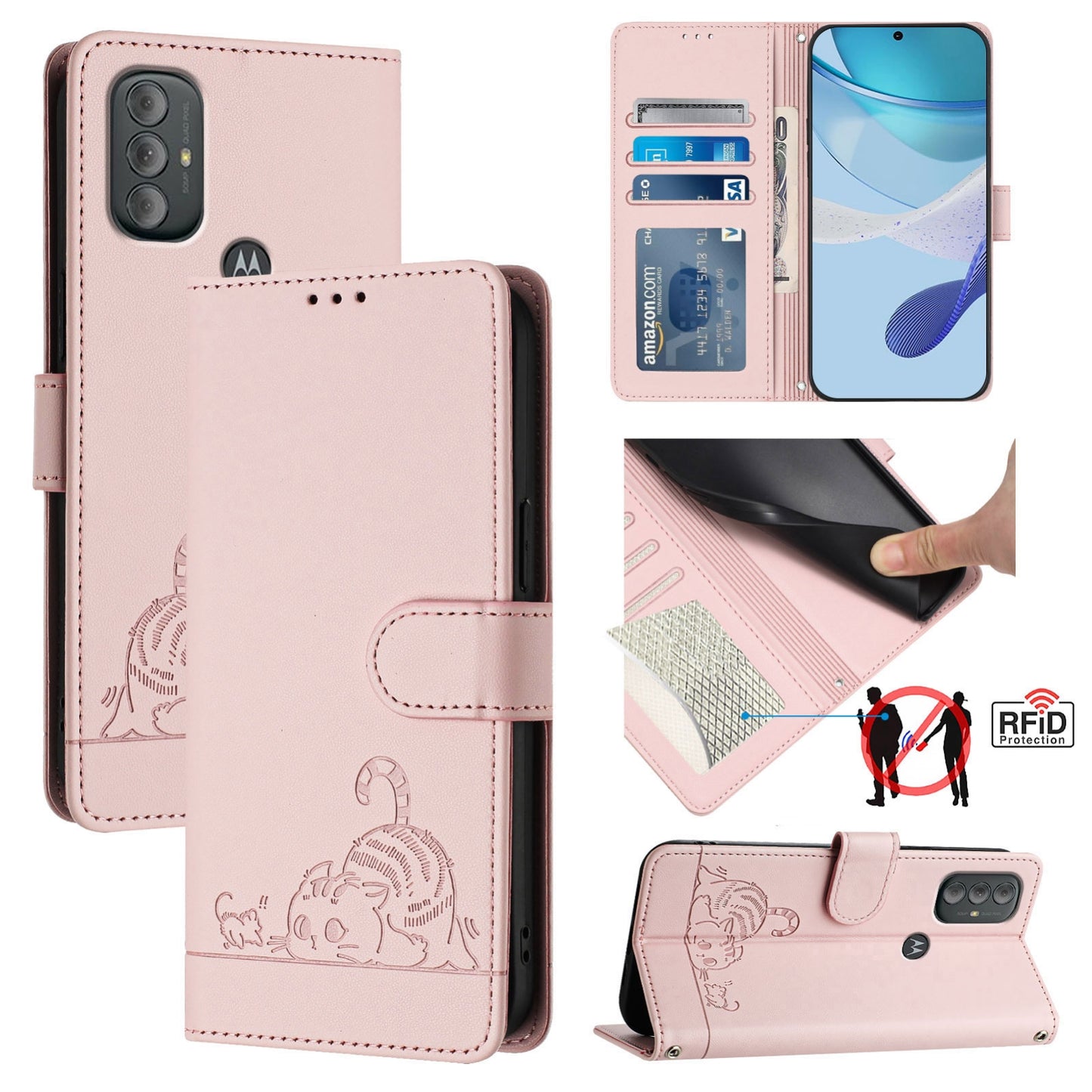 Motorola Moto G Power 2022 Cat and Mouse Embossed PU Leather RFID Case with Wallet Slots, Anti-Fall Protection, Kickstand, and Lanyard-buycases.co.uk