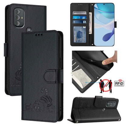 Motorola Moto G Power 2022 Cat and Mouse Embossed PU Leather RFID Case with Wallet Slots, Anti-Fall Protection, Kickstand, and Lanyard-buycases.co.uk