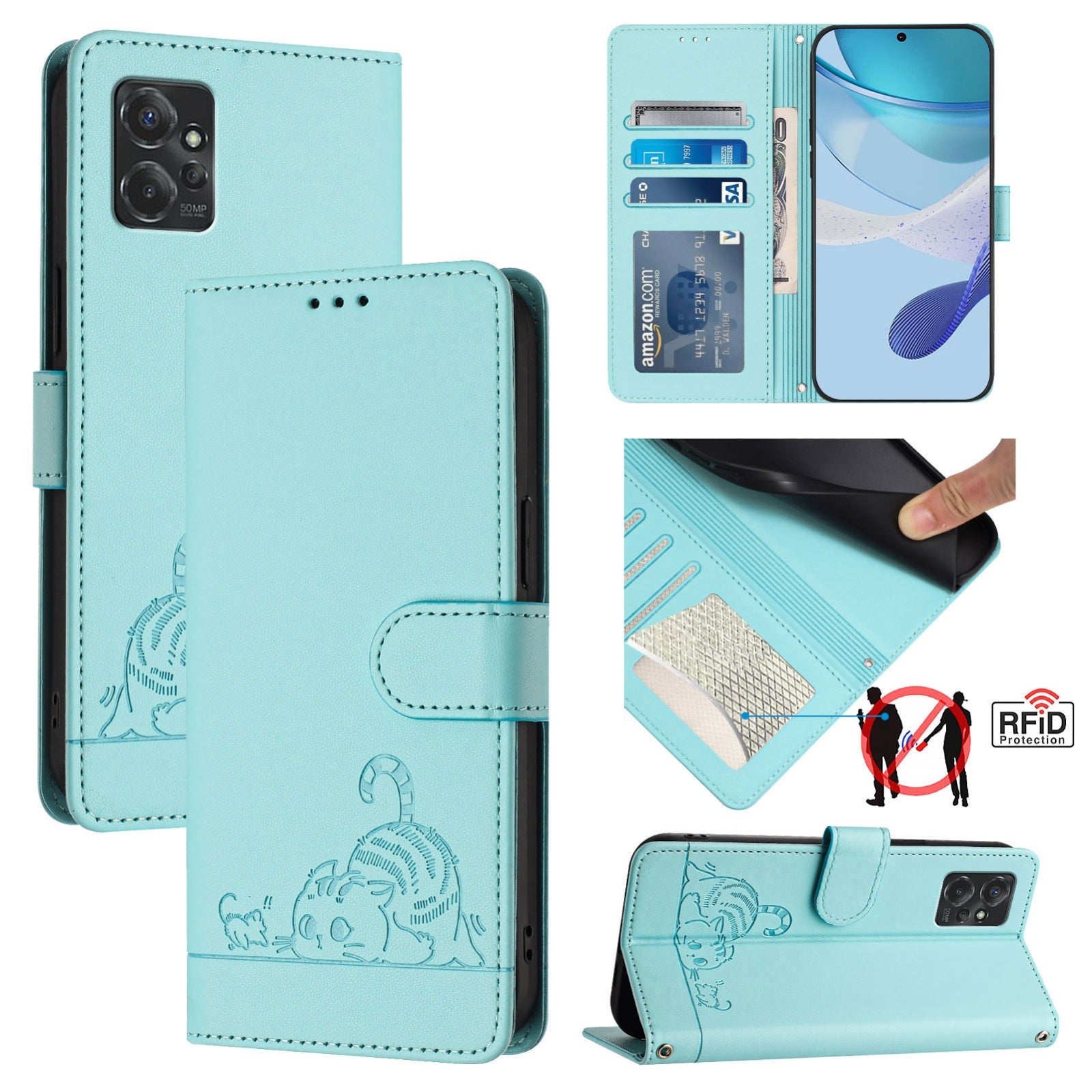 Motorola Moto G Power 2023 Cat and Mouse Embossed PU Leather RFID Case with Wallet Slots, Anti-Fall Protection, Kickstand, and Lanyard-buycases.co.uk