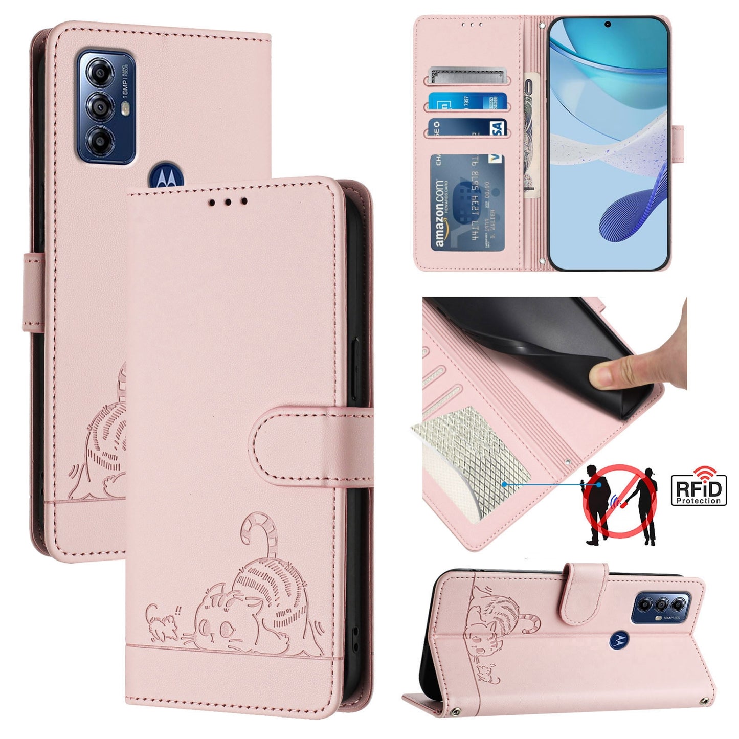 Motorola Moto G Play 2023 Cat and Mouse Embossed PU Leather RFID Case with Wallet Slots, Anti-Fall Protection, Kickstand, and Lanyard-buycases.co.uk