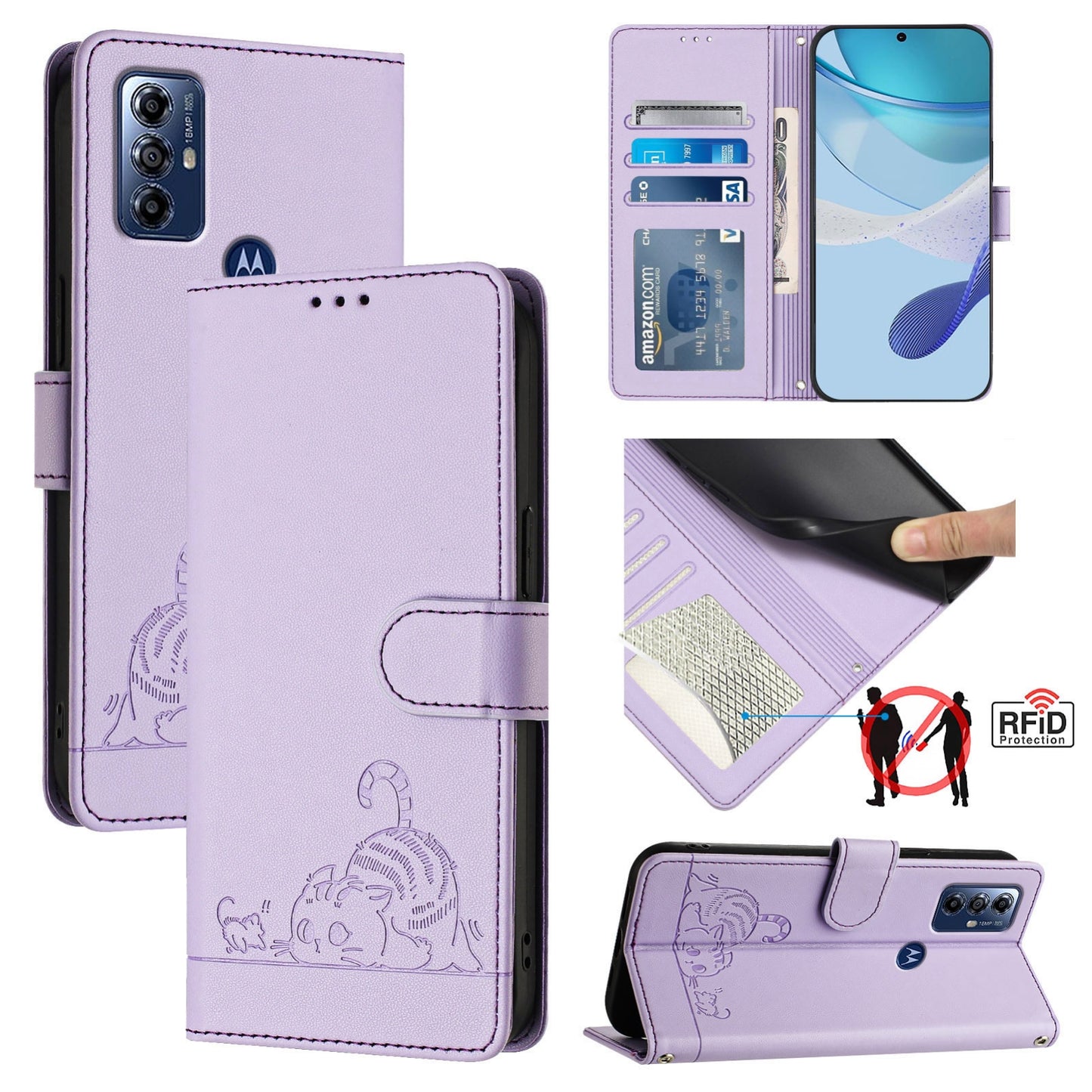Motorola Moto G Play 2023 Cat and Mouse Embossed PU Leather RFID Case with Wallet Slots, Anti-Fall Protection, Kickstand, and Lanyard-buycases.co.uk