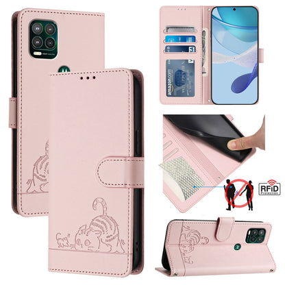 Motorola Moto G Stylus 5G 2021 Cat and Mouse Embossed PU Leather RFID Case with Wallet Slots, Anti-Fall Protection, Kickstand, and Lanyard-buycases.co.uk