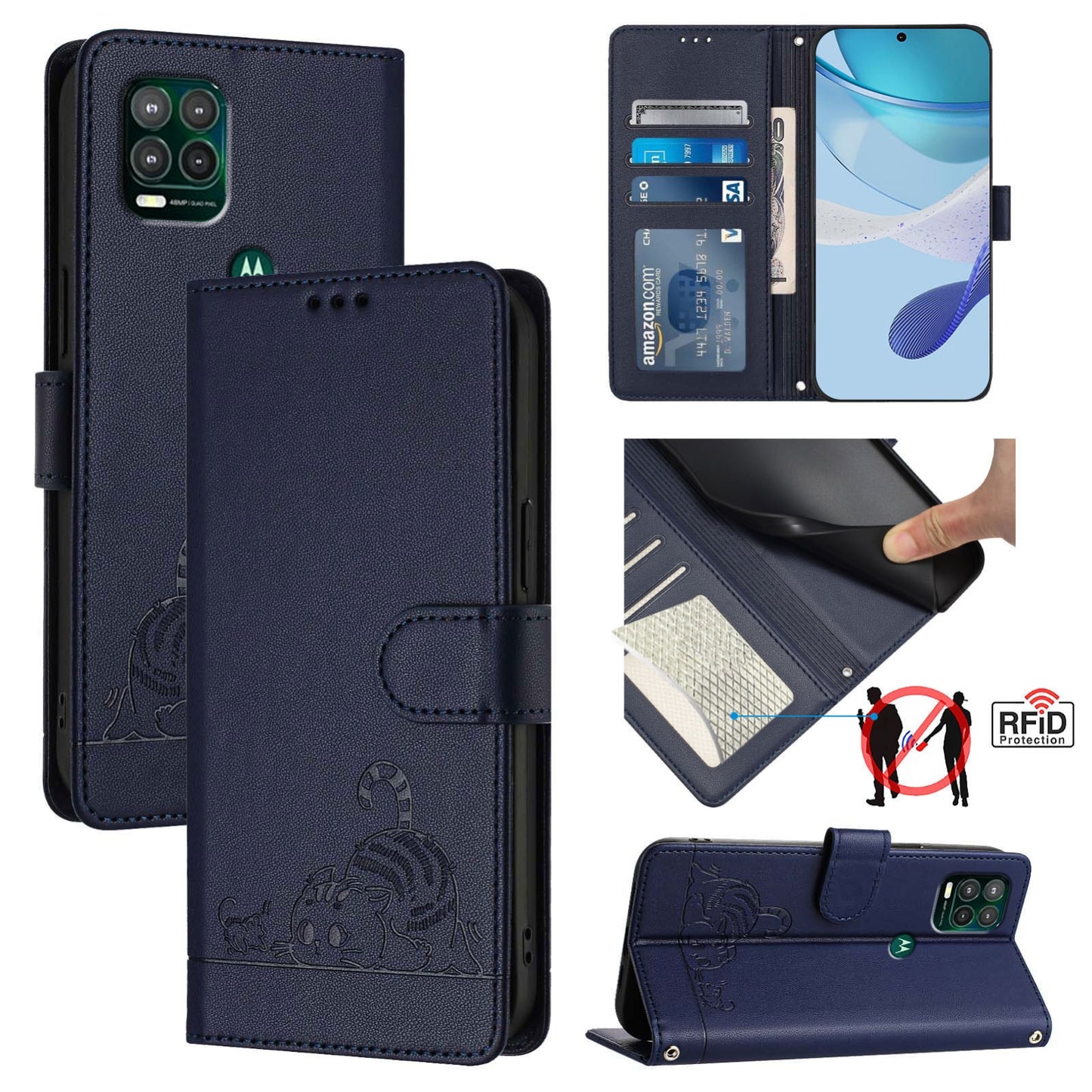 Motorola Moto G Stylus 5G 2021 Cat and Mouse Embossed PU Leather RFID Case with Wallet Slots, Anti-Fall Protection, Kickstand, and Lanyard-buycases.co.uk
