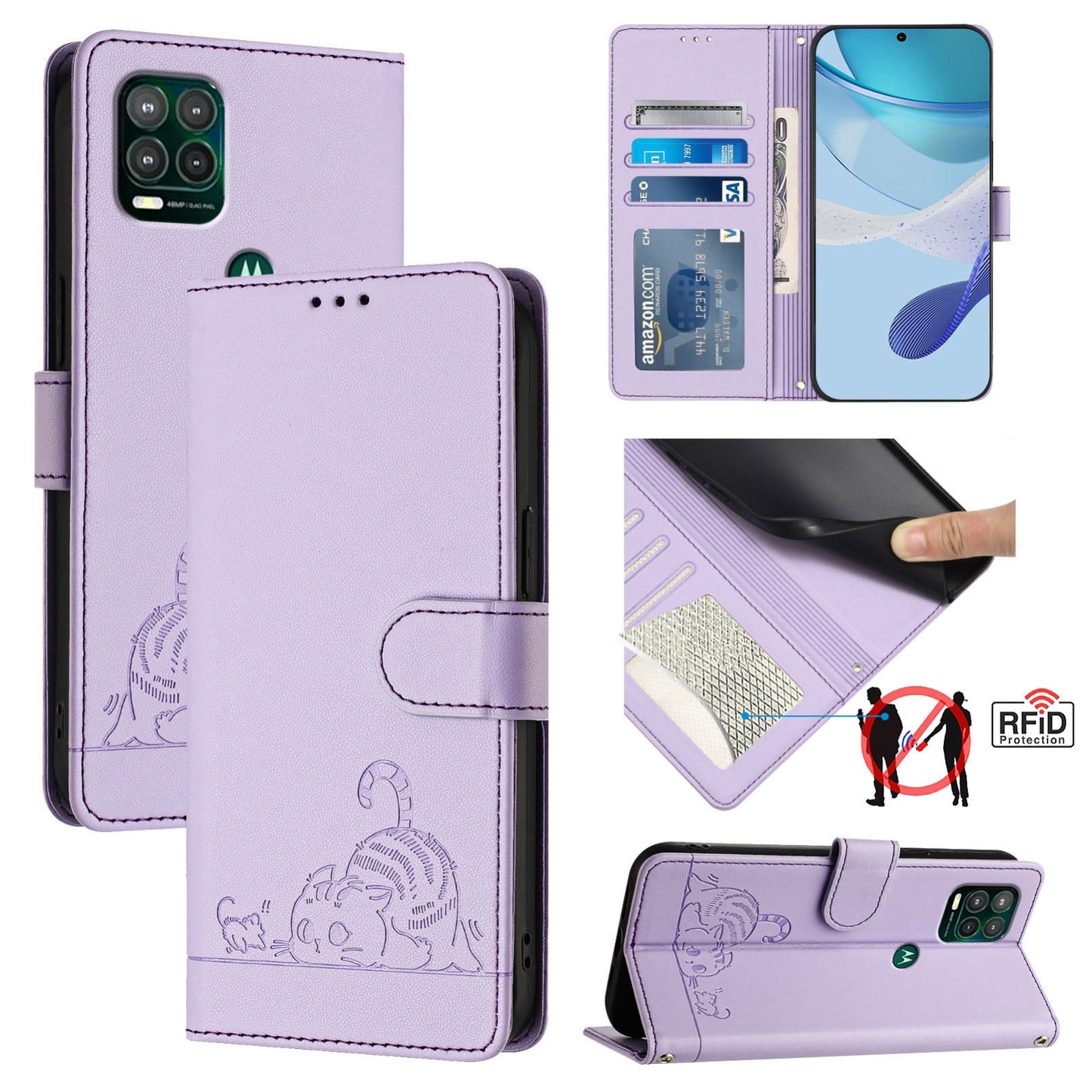 Motorola Moto G Stylus 5G 2021 Cat and Mouse Embossed PU Leather RFID Case with Wallet Slots, Anti-Fall Protection, Kickstand, and Lanyard-buycases.co.uk