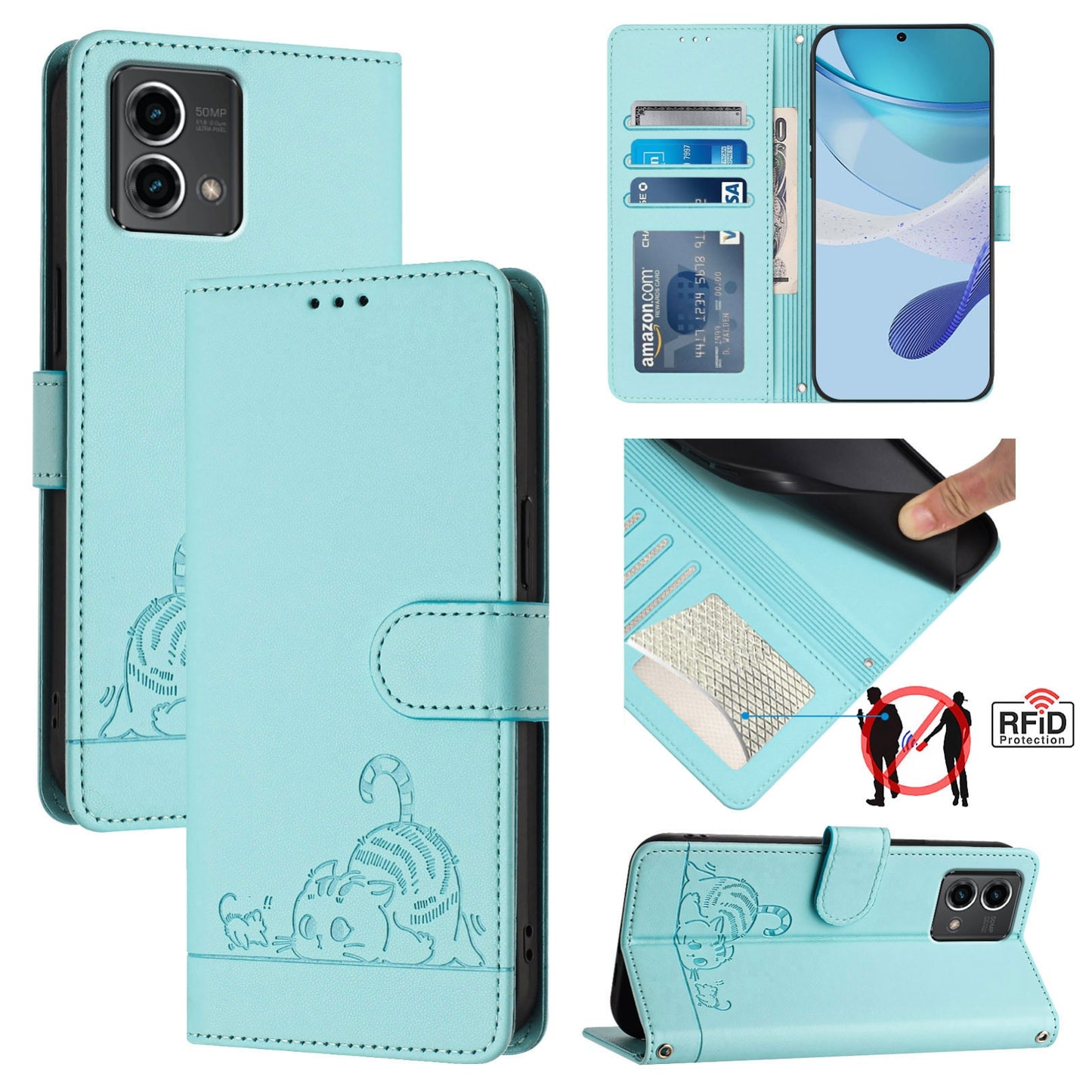 Motorola Moto G Stylus 5G 2024 Cat and Mouse Embossed PU Leather RFID Case with Wallet Slots, Anti-Fall Protection, Kickstand, and Lanyard-buycases.co.uk