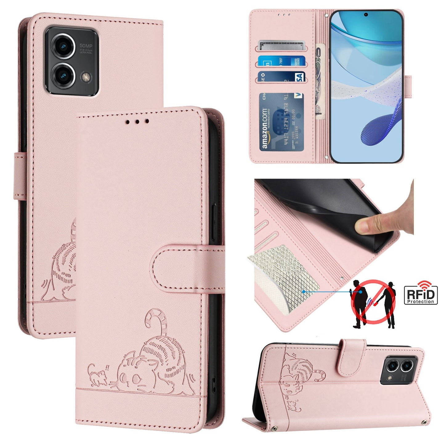 Motorola Moto G Stylus 5G 2024 Cat and Mouse Embossed PU Leather RFID Case with Wallet Slots, Anti-Fall Protection, Kickstand, and Lanyard-buycases.co.uk