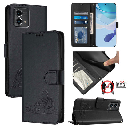 Motorola Moto G Stylus 5G 2024 Cat and Mouse Embossed PU Leather RFID Case with Wallet Slots, Anti-Fall Protection, Kickstand, and Lanyard-buycases.co.uk
