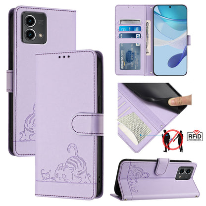 Motorola Moto G Stylus 5G 2024 Cat and Mouse Embossed PU Leather RFID Case with Wallet Slots, Anti-Fall Protection, Kickstand, and Lanyard-buycases.co.uk