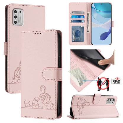 Motorola Moto G Stylus 2021 4G Cat and Mouse Embossed PU Leather RFID Case with Wallet Slots, Anti-Fall Protection, Kickstand, and Lanyard-buycases.co.uk