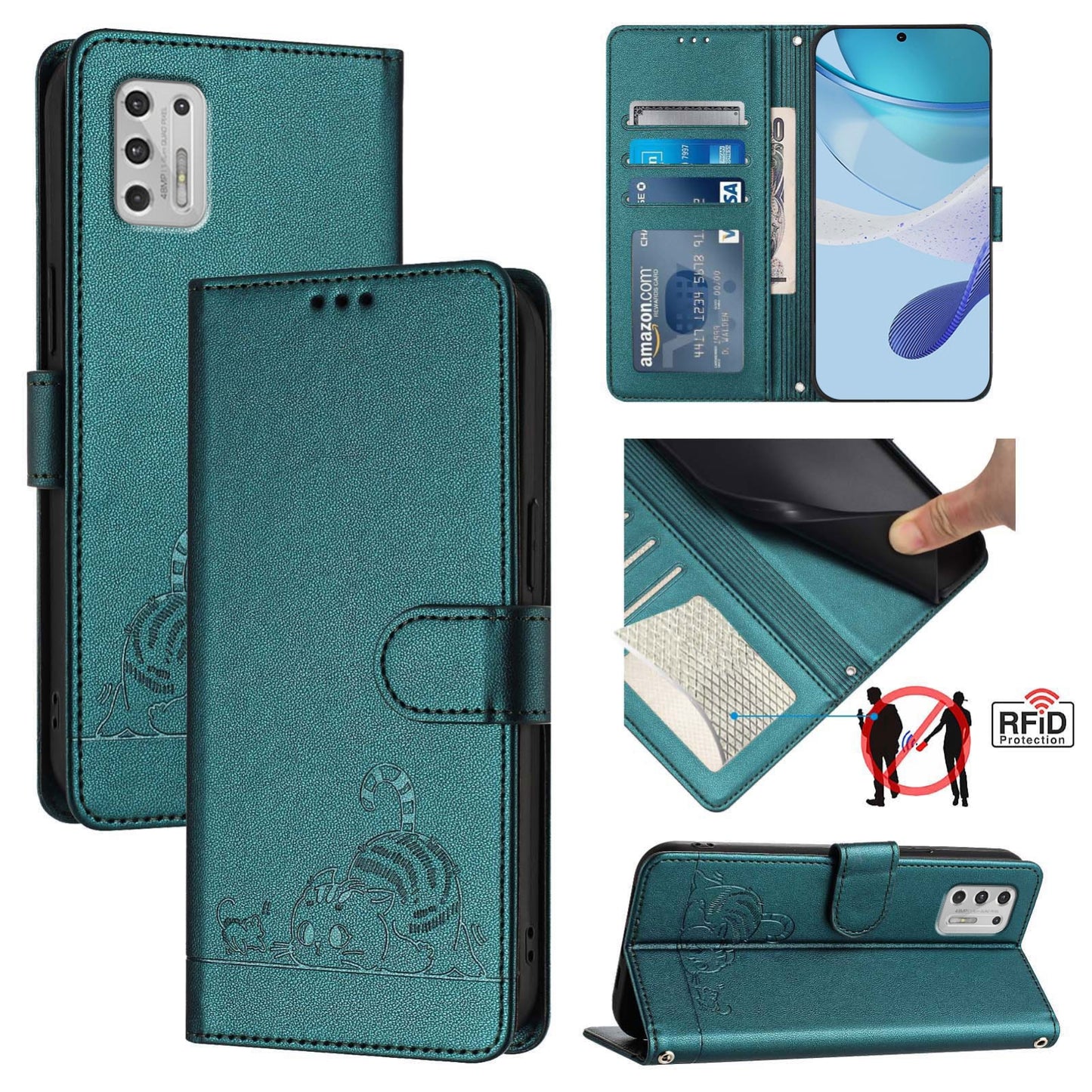 Motorola Moto G Stylus 2021 4G Cat and Mouse Embossed PU Leather RFID Case with Wallet Slots, Anti-Fall Protection, Kickstand, and Lanyard-buycases.co.uk