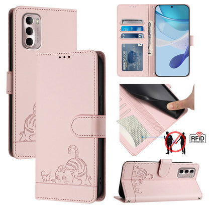Motorola Moto G Stylus 2022 4G Cat and Mouse Embossed PU Leather RFID Case with Wallet Slots, Anti-Fall Protection, Kickstand, and Lanyard-buycases.co.uk